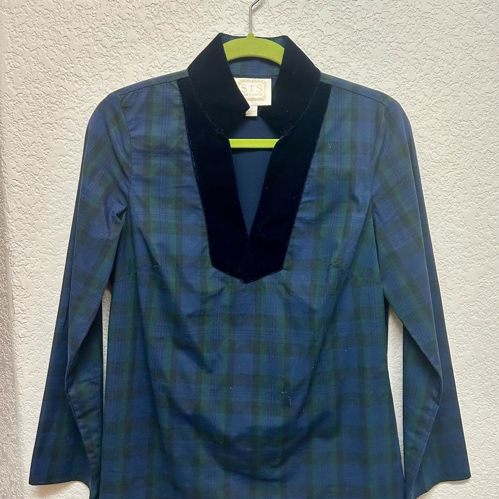 Sail to Sable Navy and Green Plaid V-Neck Blouse
